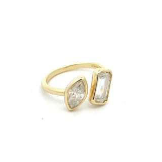 Open toi et Moi marquise and emerald-cut moissanite ring in yellow gold vermeil over sterling silver