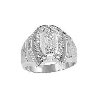 Our Lady of Guadalupe Signet with Cross Shoulders Moissanite Ring in sterling silver
