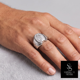 Our Lady of Guadalupe Signet with Cross Shoulders Moissanite Ring in sterling silver, worn on hand