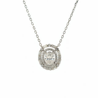 Oval baguette double halo moissanite necklace in sterling silver, view 2