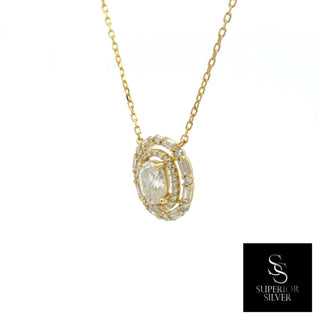 Oval baguette double halo moissanite necklace in yellow gold vermeil over sterling silver