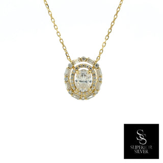 Oval baguette double halo moissanite necklace in yellow gold vermeil over sterling silver, view 2