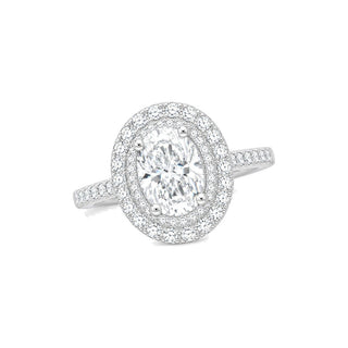 Oval Double Halo Moissanite Ring in sterling silver, 3 ct center
