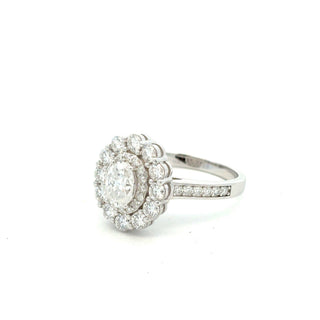 Oval floral halo on pavé band moissanite ring in sterling silver, view 2