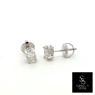 Oval four-prong solitaire moissanite stud earrings in sterling silver, view 2
