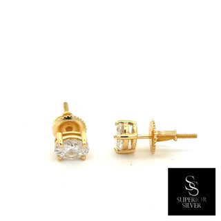 Oval four-prong solitaire moissanite stud earrings in yellow gold vermeil over sterling silver, view 2