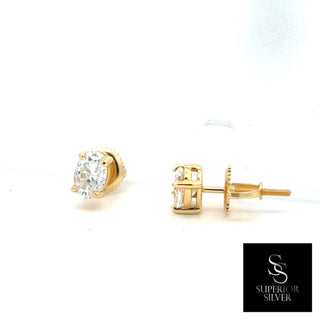 Oval four-prong solitaire moissanite stud earrings in yellow gold vermeil over sterling silver, view 3