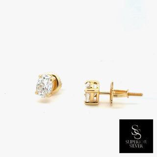 Oval four-prong solitaire moissanite stud earrings in yellow gold vermeil over sterling silver, view 4