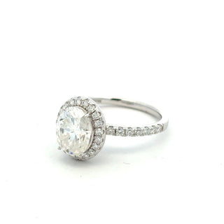 Oval halo on pavé band moissanite ring in sterling silver, view 2