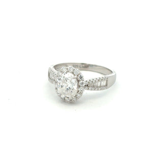 Oval halo with baguette shoulders moissanite ring in sterling silver