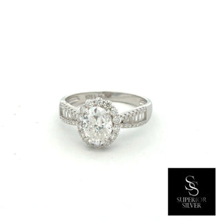 Oval halo with baguette shoulders moissanite ring in sterling silver, view 2