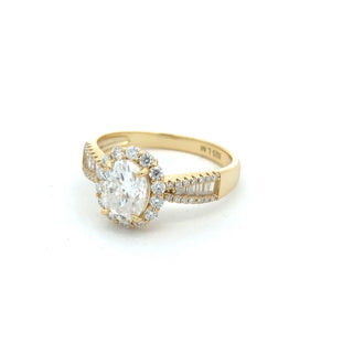 Oval halo with baguette shoulders moissanite ring in yellow gold vermeil over sterling silver