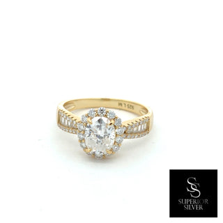 Oval halo with baguette shoulders moissanite ring in yellow gold vermeil over sterling silver, view 2