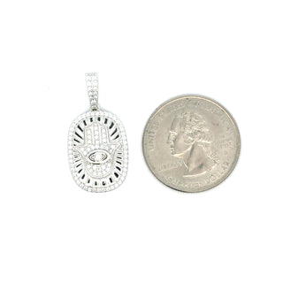Oval Sunburst Hamsa Medallion with Evil Eye Moissanite Pendant in Sterling Silver, size comparison with a US quarter