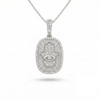 Superior Silver oval hamsa medallion pendant in sterling silver with pavé moissanite and a central evil eye detail.