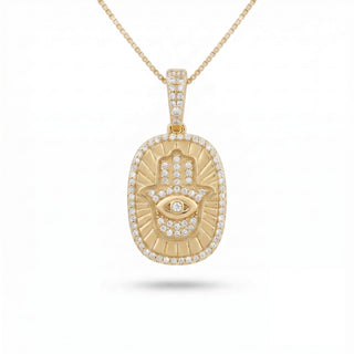 Superior Silver gold vermeil oval hamsa medallion pendant featuring a moissanite evil eye and pavé halo setting.