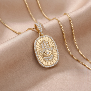 Oval Sunburst Hamsa Medallion with Evil Eye Moissanite Pendant in yellow gold vermeil over sterling silver, view 5