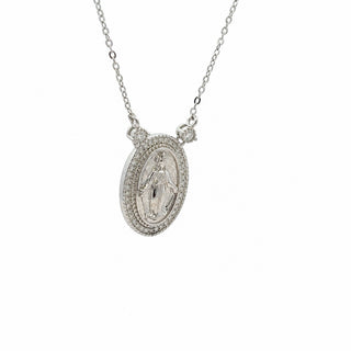 Oval virgin mary medallion moissanite necklace in sterling silver