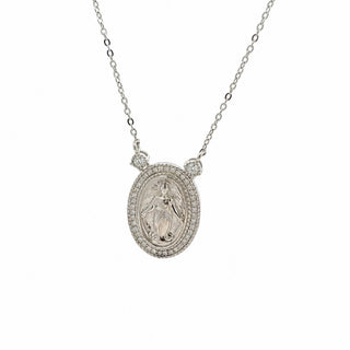 Oval virgin mary medallion moissanite necklace in sterling silver, view 2