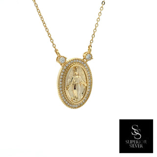 Oval virgin mary medallion moissanite necklace in yellow gold vermeil over sterling silver