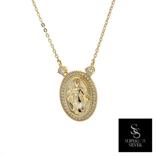Oval virgin mary medallion moissanite necklace in yellow gold vermeil over sterling silver, view 2