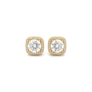 Oversized cushion double halo moissanite stud earrings in yellow gold vermeil over sterling silver