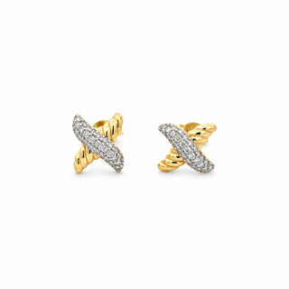 Pavé and cable X moissanite stud earrings in yellow gold vermeil over sterling silver