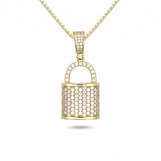 Pavé Barrel Padlock Moissanite Pendant in Sterling Silver on chain