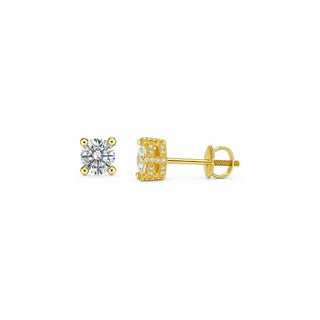 Pavé Basket Round Solitaire Moissanite Stud Earrings in yellow gold over sterling silver