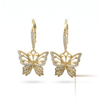 Pavé butterfly leverback drop moissanite earrings in yellow gold vermeil over sterling silver