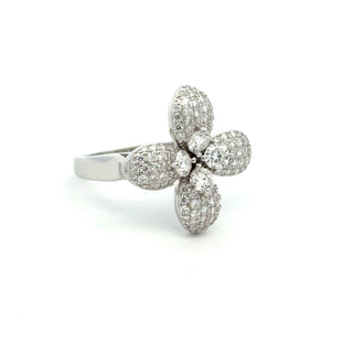 Pavé clover flower on split shank moissanite ring in sterling silver