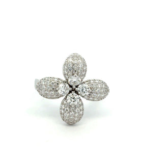 Pavé clover flower on split shank moissanite ring in sterling silver, view 2