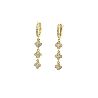 Pavé clover station drop moissanite huggie earrings in yellow gold vermeil over sterling silver