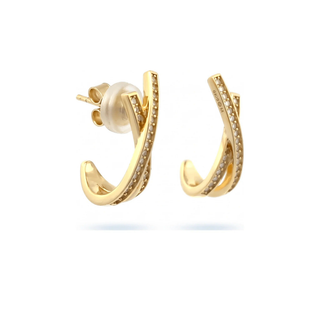 Pave crisscross J hoop moissanite earrings in yellow gold vermeil