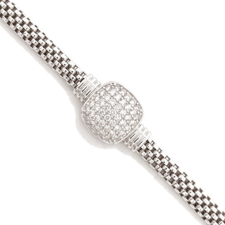 Pavé Cushion Woven Mesh Moissanite Bracelet in Sterling Silver, close-up of the pavé cushion station