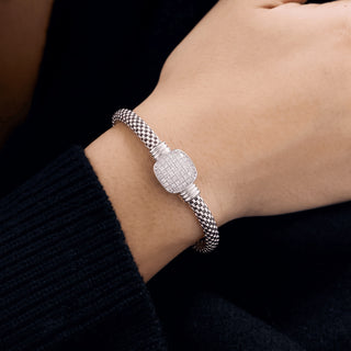 Pavé Cushion Woven Mesh Moissanite Bracelet in Sterling Silver worn on the wrist