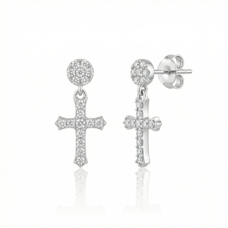 Pavé disc cross drop moissanite earrings in sterling silver