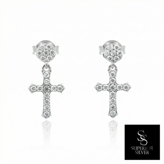 Pavé disc cross drop moissanite earrings in sterling silver, view 2