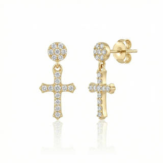 Pavé disc cross drop moissanite earrings in yellow gold vermeil over sterling silver
