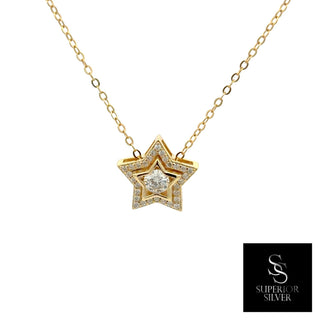 Pavé double star moissanite necklace in yellow gold vermeil over sterling silver, view 2