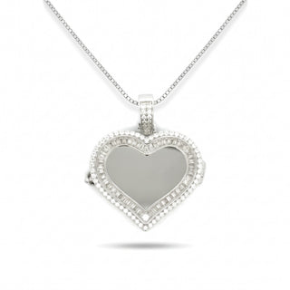 Pavé-Edged Flat Open Heart Moissanite Pendant in Sterling Silver on chain