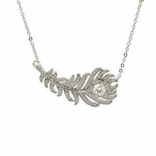Pavé feather round center moissanite necklace in sterling silver