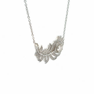 Pavé feather round center moissanite necklace in sterling silver, view 2
