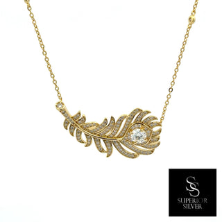Pavé feather round center moissanite necklace in yellow gold vermeil over sterling silver