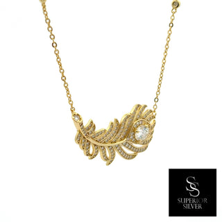 Pavé feather round center moissanite necklace in yellow gold vermeil over sterling silver, view 2