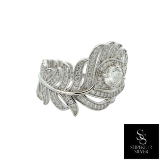 Pavé feather wrap moissanite ring in sterling silver, view 3