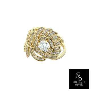 Pavé feather wrap moissanite ring in yellow gold vermeil over sterling silver, view 2