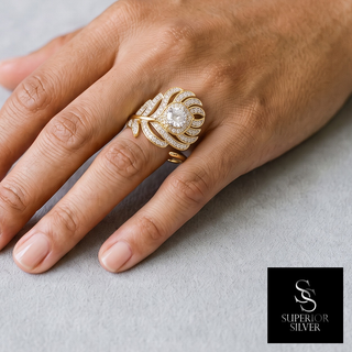 Pavé Feather Wrap Moissanite Ring in yellow gold vermeil over sterling silver, worn on hand