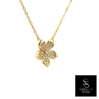 Pavé five-petal flower moissanite necklace in yellow gold vermeil over sterling silver