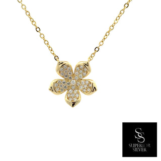 Pavé five-petal flower moissanite necklace in yellow gold vermeil over sterling silver, view 2